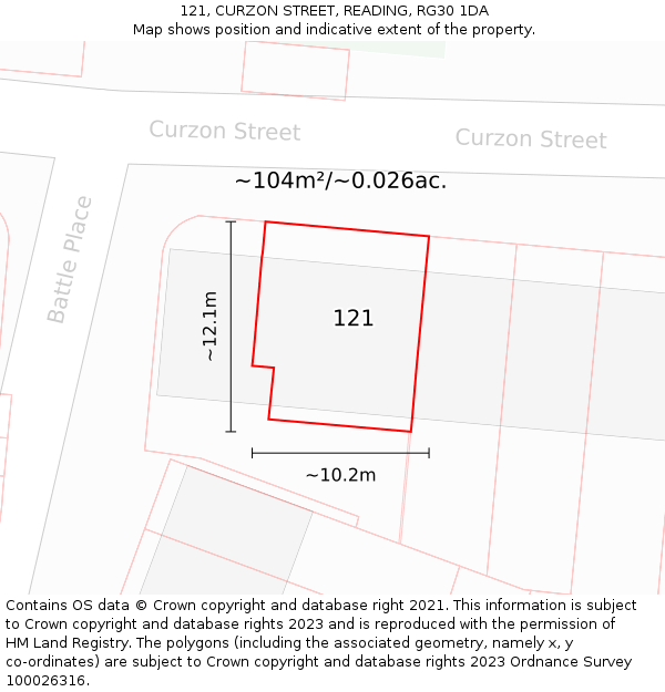 121, CURZON STREET, READING, RG30 1DA: Plot and title map