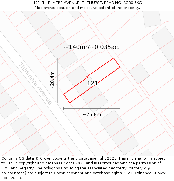 121, THIRLMERE AVENUE, TILEHURST, READING, RG30 6XG: Plot and title map