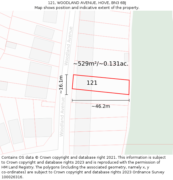 121, WOODLAND AVENUE, HOVE, BN3 6BJ: Plot and title map