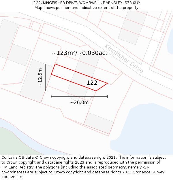 122, KINGFISHER DRIVE, WOMBWELL, BARNSLEY, S73 0UY: Plot and title map