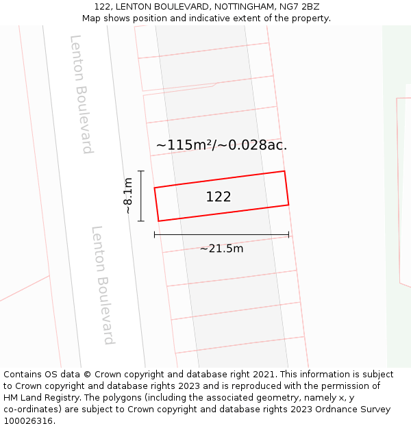 122, LENTON BOULEVARD, NOTTINGHAM, NG7 2BZ: Plot and title map