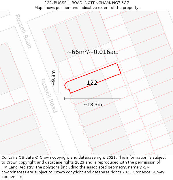 122, RUSSELL ROAD, NOTTINGHAM, NG7 6GZ: Plot and title map