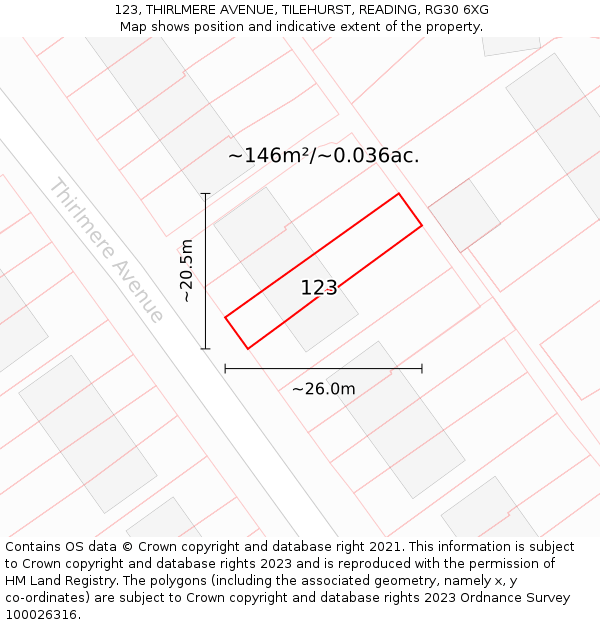 123, THIRLMERE AVENUE, TILEHURST, READING, RG30 6XG: Plot and title map