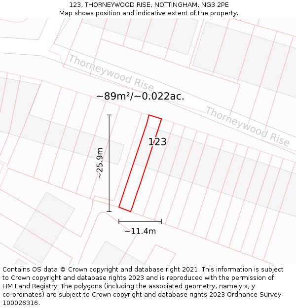 123, THORNEYWOOD RISE, NOTTINGHAM, NG3 2PE: Plot and title map