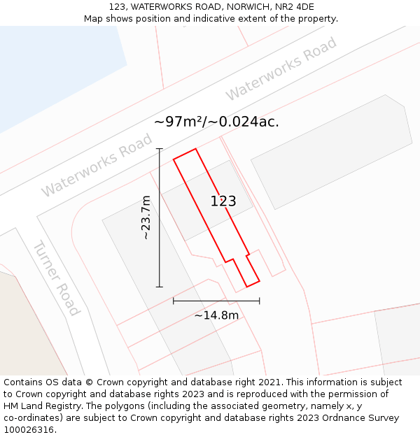 123, WATERWORKS ROAD, NORWICH, NR2 4DE: Plot and title map