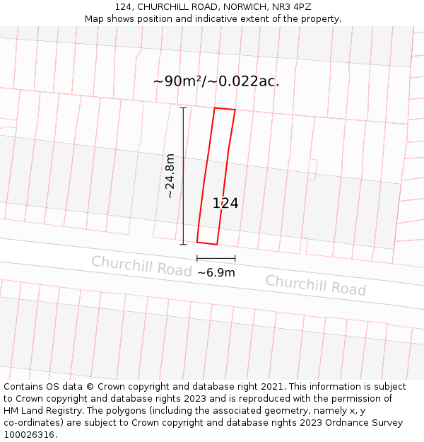 124, CHURCHILL ROAD, NORWICH, NR3 4PZ: Plot and title map