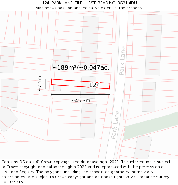 124, PARK LANE, TILEHURST, READING, RG31 4DU: Plot and title map