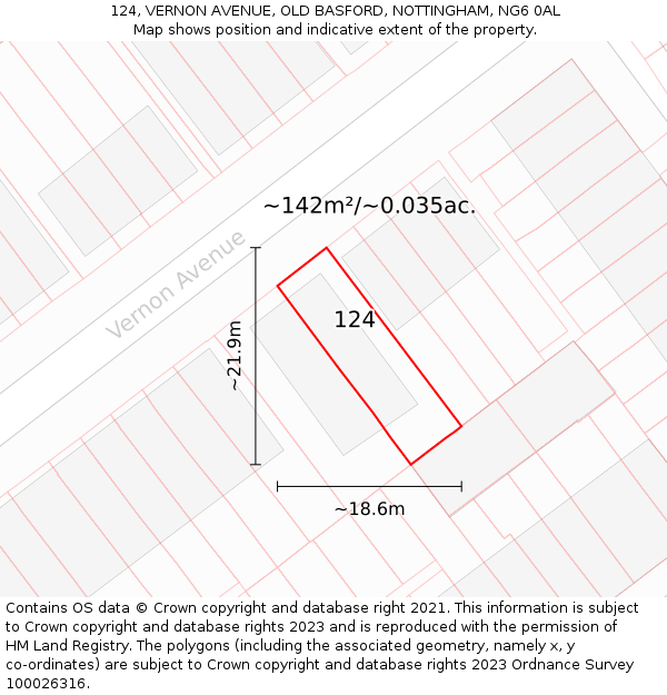 124, VERNON AVENUE, OLD BASFORD, NOTTINGHAM, NG6 0AL: Plot and title map