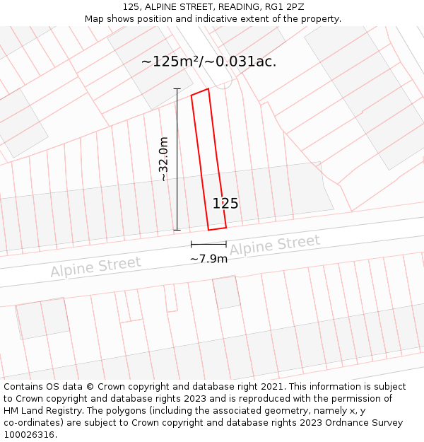 125, ALPINE STREET, READING, RG1 2PZ: Plot and title map