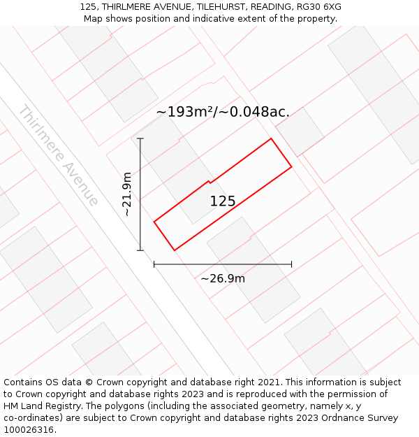 125, THIRLMERE AVENUE, TILEHURST, READING, RG30 6XG: Plot and title map