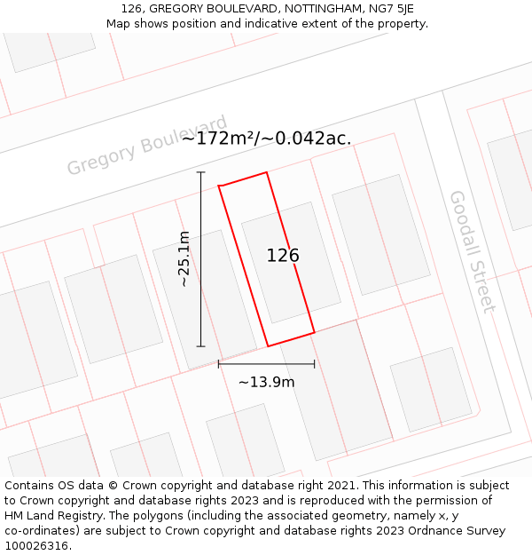 126, GREGORY BOULEVARD, NOTTINGHAM, NG7 5JE: Plot and title map