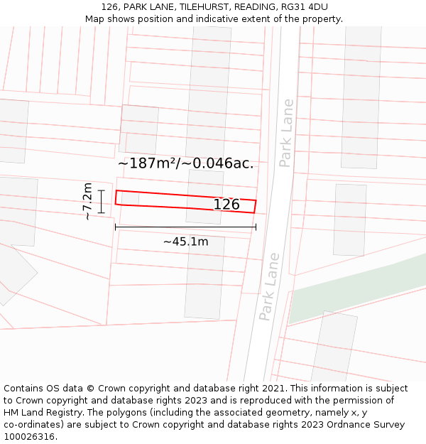 126, PARK LANE, TILEHURST, READING, RG31 4DU: Plot and title map