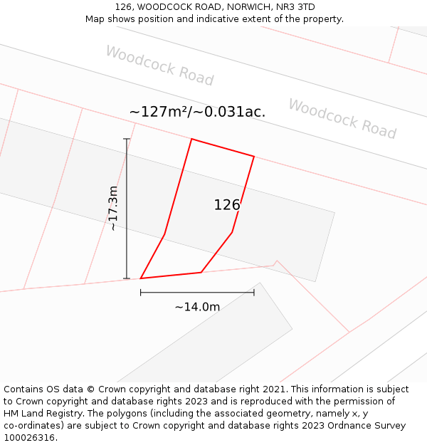 126, WOODCOCK ROAD, NORWICH, NR3 3TD: Plot and title map