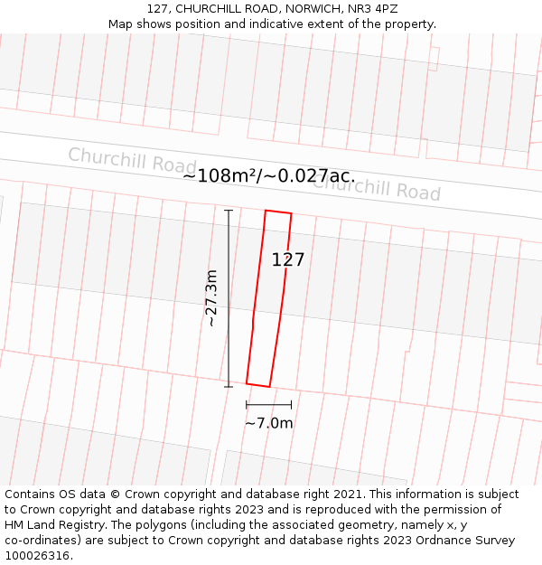 127, CHURCHILL ROAD, NORWICH, NR3 4PZ: Plot and title map