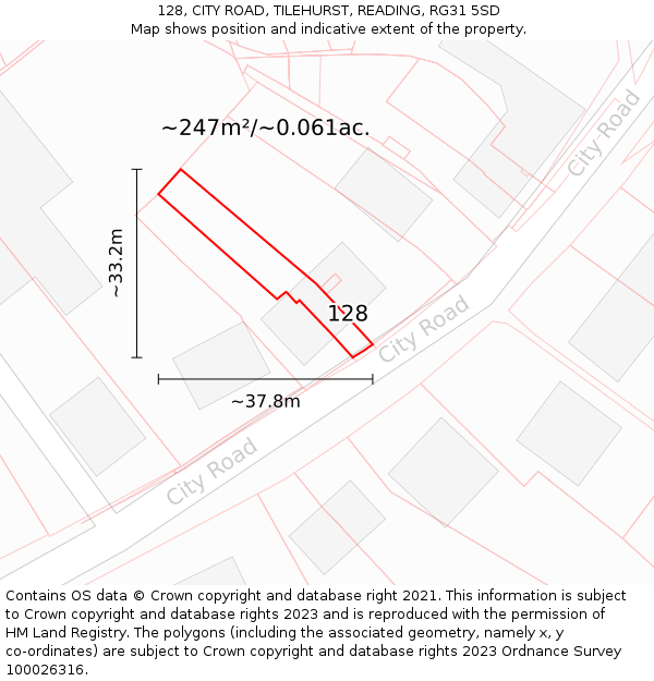 128, CITY ROAD, TILEHURST, READING, RG31 5SD: Plot and title map