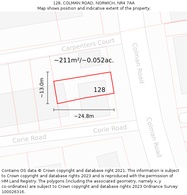 128, COLMAN ROAD, NORWICH, NR4 7AA: Plot and title map