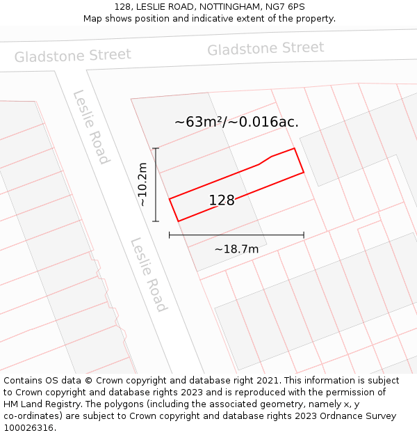 128, LESLIE ROAD, NOTTINGHAM, NG7 6PS: Plot and title map