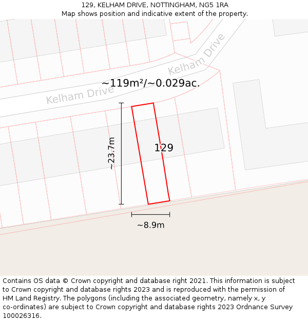 129, KELHAM DRIVE, NOTTINGHAM, NG5 1RA: Plot and title map