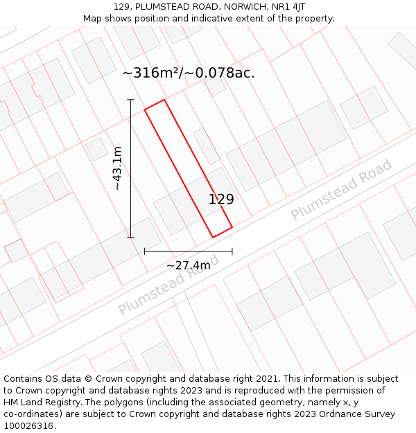 129, PLUMSTEAD ROAD, NORWICH, NR1 4JT: Plot and title map