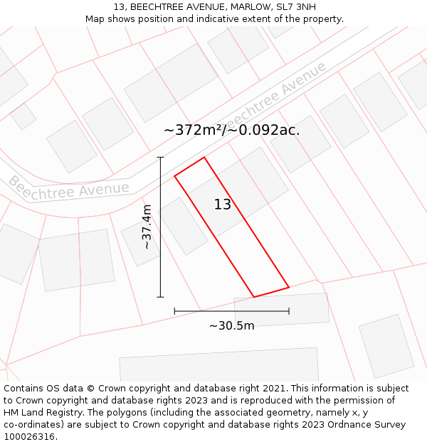 13, BEECHTREE AVENUE, MARLOW, SL7 3NH: Plot and title map