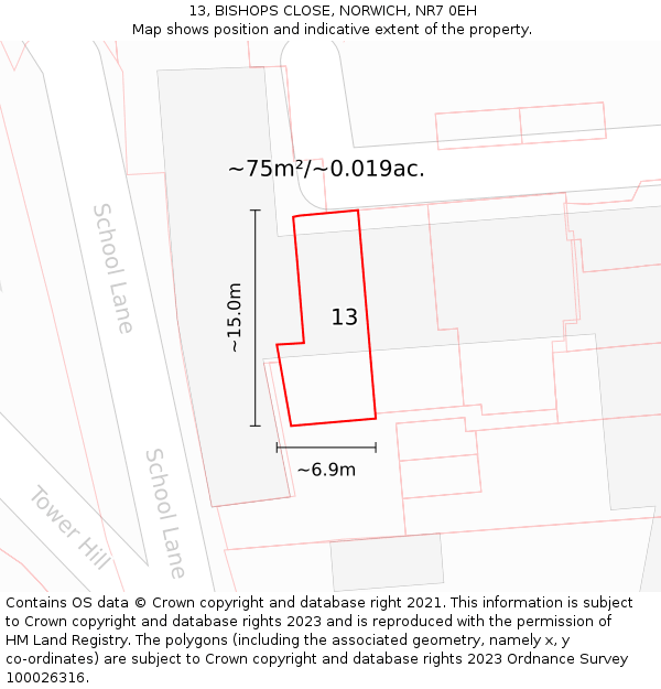 13, BISHOPS CLOSE, NORWICH, NR7 0EH: Plot and title map