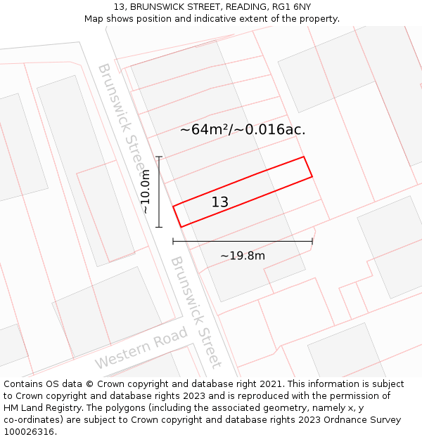 13, BRUNSWICK STREET, READING, RG1 6NY: Plot and title map