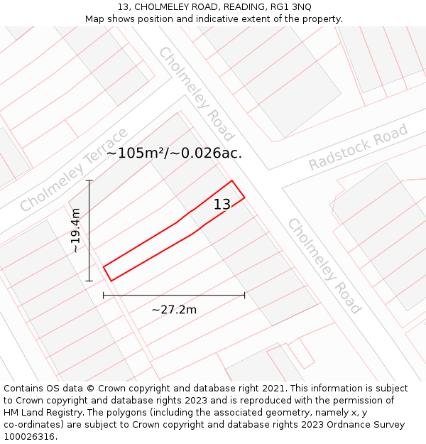 13, CHOLMELEY ROAD, READING, RG1 3NQ: Plot and title map