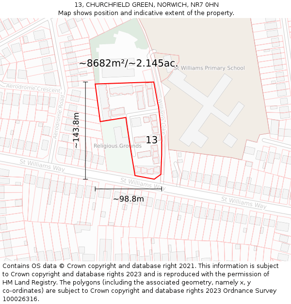 13, CHURCHFIELD GREEN, NORWICH, NR7 0HN: Plot and title map
