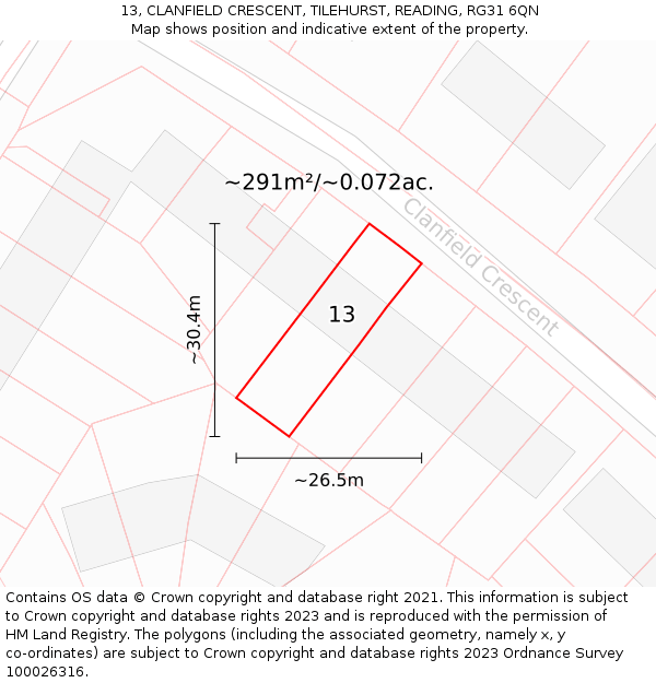 13, CLANFIELD CRESCENT, TILEHURST, READING, RG31 6QN: Plot and title map