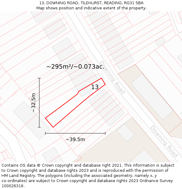 13, DOWNING ROAD, TILEHURST, READING, RG31 5BA: Plot and title map
