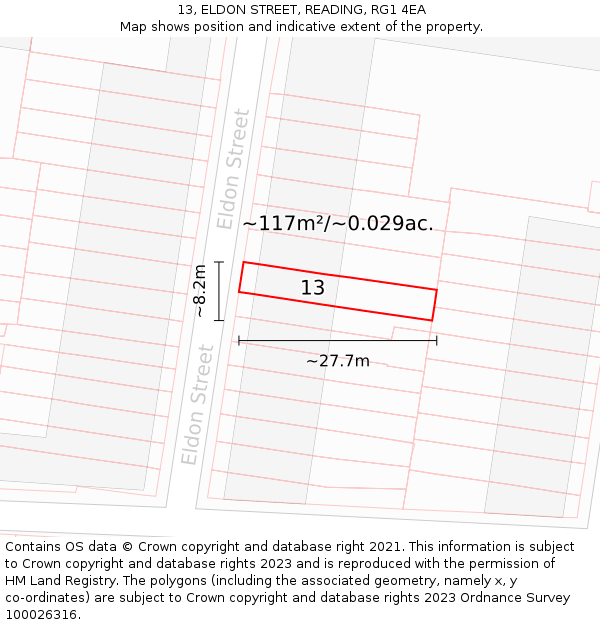 13, ELDON STREET, READING, RG1 4EA: Plot and title map