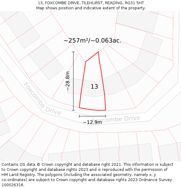 13, FOXCOMBE DRIVE, TILEHURST, READING, RG31 5HT: Plot and title map