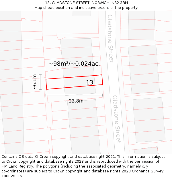 13, GLADSTONE STREET, NORWICH, NR2 3BH: Plot and title map