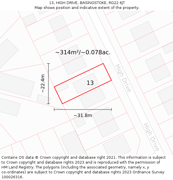 13, HIGH DRIVE, BASINGSTOKE, RG22 6JT: Plot and title map
