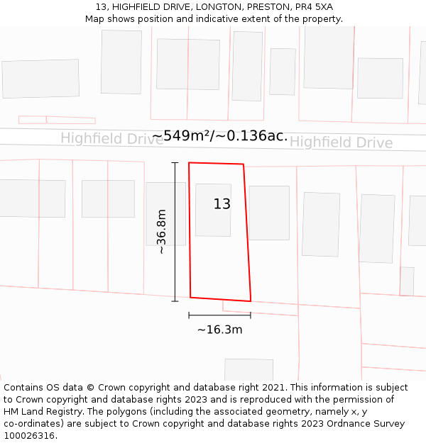13, HIGHFIELD DRIVE, LONGTON, PRESTON, PR4 5XA: Plot and title map