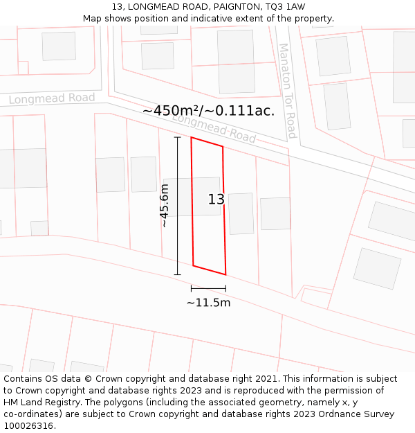 13, LONGMEAD ROAD, PAIGNTON, TQ3 1AW: Plot and title map