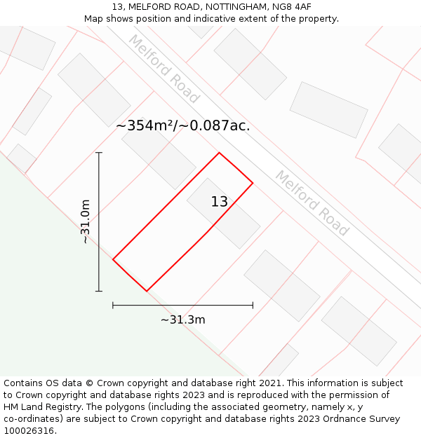 13, MELFORD ROAD, NOTTINGHAM, NG8 4AF: Plot and title map