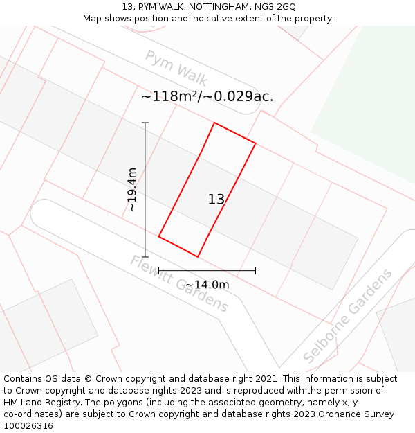 13, PYM WALK, NOTTINGHAM, NG3 2GQ: Plot and title map