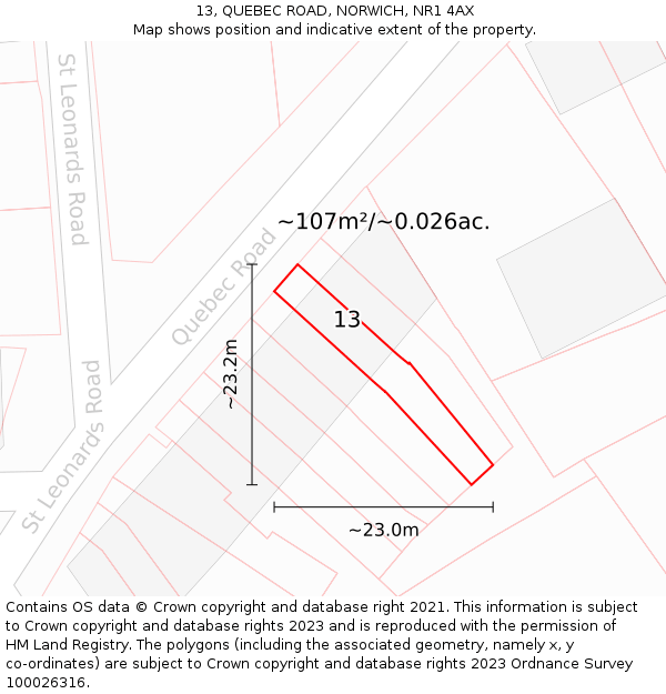 13, QUEBEC ROAD, NORWICH, NR1 4AX: Plot and title map