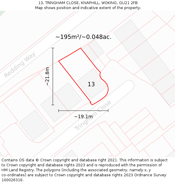 13, TRINGHAM CLOSE, KNAPHILL, WOKING, GU21 2FB: Plot and title map