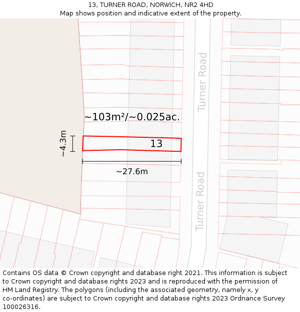 13, TURNER ROAD, NORWICH, NR2 4HD: Plot and title map