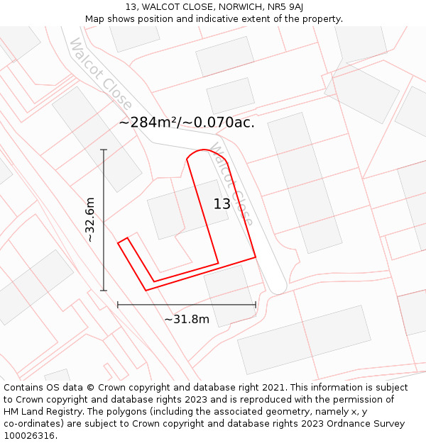 13, WALCOT CLOSE, NORWICH, NR5 9AJ: Plot and title map