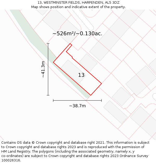 13, WESTMINSTER FIELDS, HARPENDEN, AL5 3DZ: Plot and title map