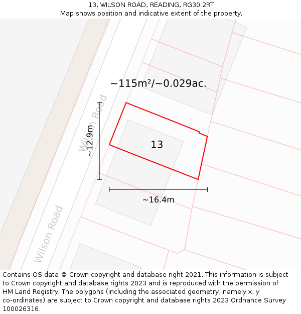 13, WILSON ROAD, READING, RG30 2RT: Plot and title map