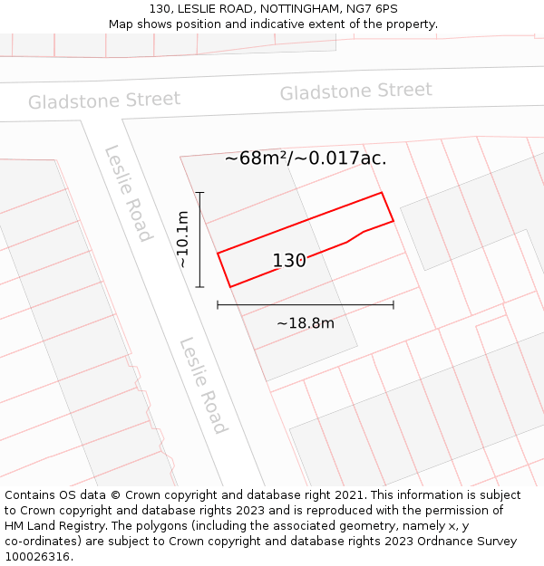 130, LESLIE ROAD, NOTTINGHAM, NG7 6PS: Plot and title map