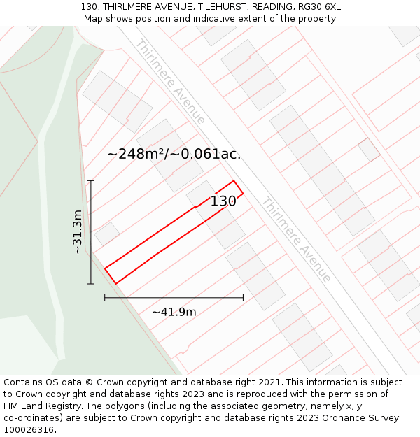 130, THIRLMERE AVENUE, TILEHURST, READING, RG30 6XL: Plot and title map