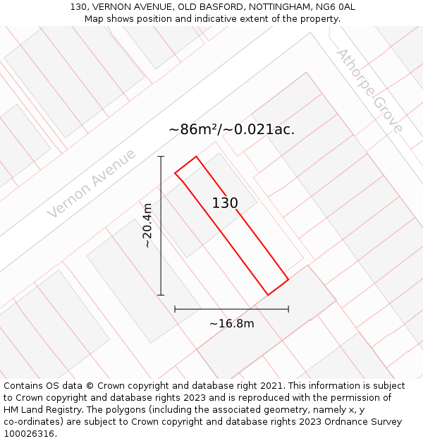 130, VERNON AVENUE, OLD BASFORD, NOTTINGHAM, NG6 0AL: Plot and title map