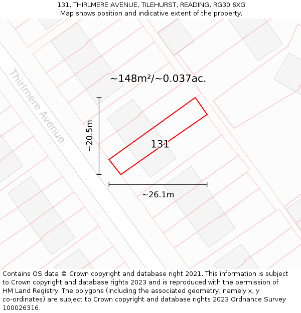 131, THIRLMERE AVENUE, TILEHURST, READING, RG30 6XG: Plot and title map