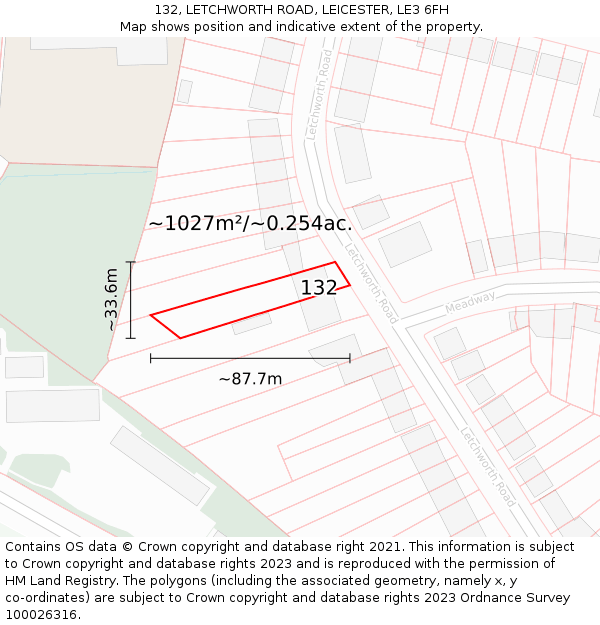 132, LETCHWORTH ROAD, LEICESTER, LE3 6FH: Plot and title map