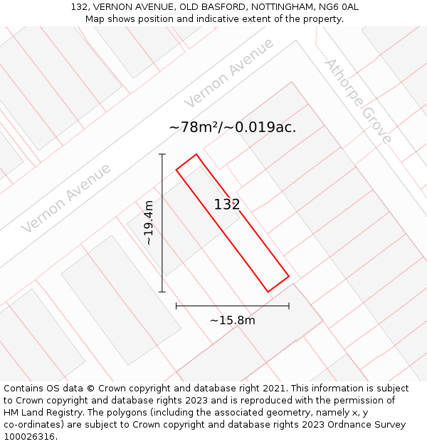 132, VERNON AVENUE, OLD BASFORD, NOTTINGHAM, NG6 0AL: Plot and title map